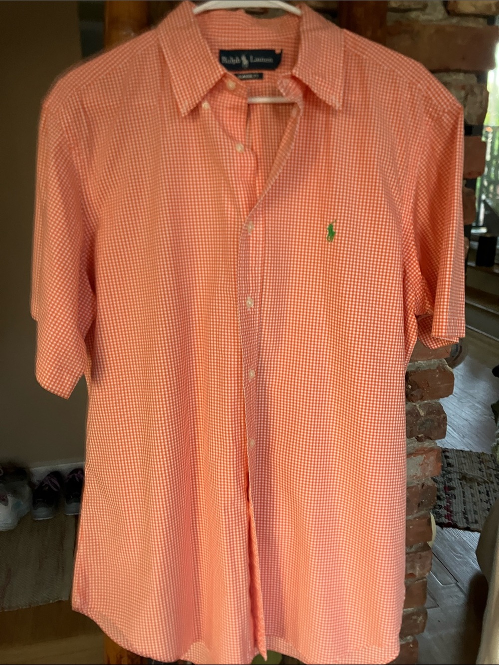 Ralph Lauren Orange Gingham Short-Sleeve Button-Up Shirt with Green Pony